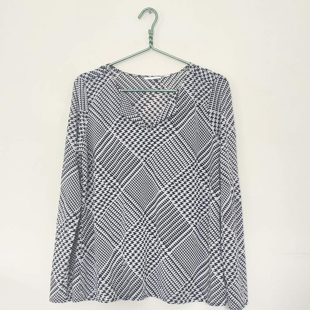 New York & Company Womens Black White Houndstooth Long Sleeve Blouse PH090003